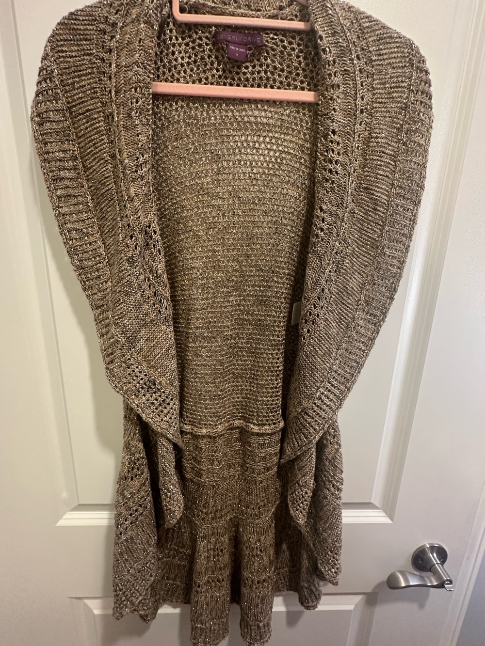Beverly Drive Metallic Gold Open Knit Ruffle Hem Cardigan 1X